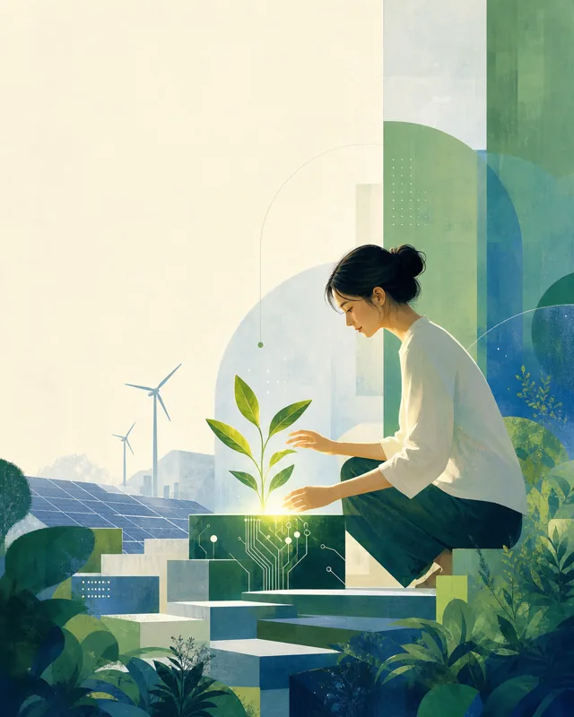 Green sustainable technology editorial illustration example