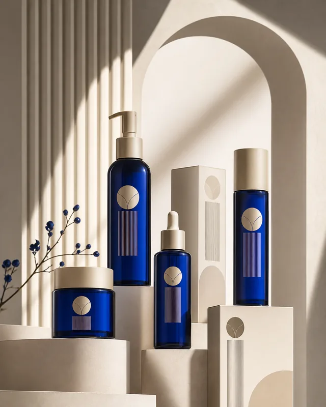 Blue glass skincare packaging collection example